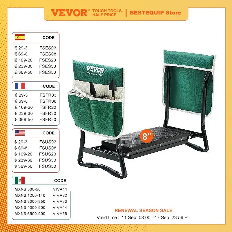 VEVOR Garden Kneeler and Seat 330 lbs Load Capacity 8/10" EVA Wide Pad Foldable Garden Stool  Kneeling Bench for Gardening